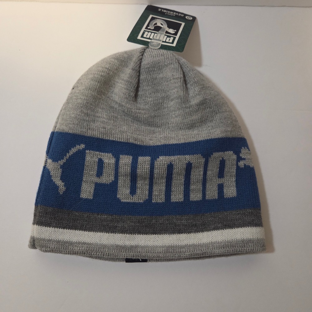 Puma Mens Reversible Beanie Hat Grey Blue Knit Cap PV5-0870 NWT